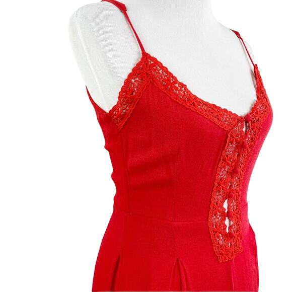 Avec Red 1 piece Sleeveless JumpSuit Pantsuit Crochet Insert Trim Small NWOT - Picture 5 of 11